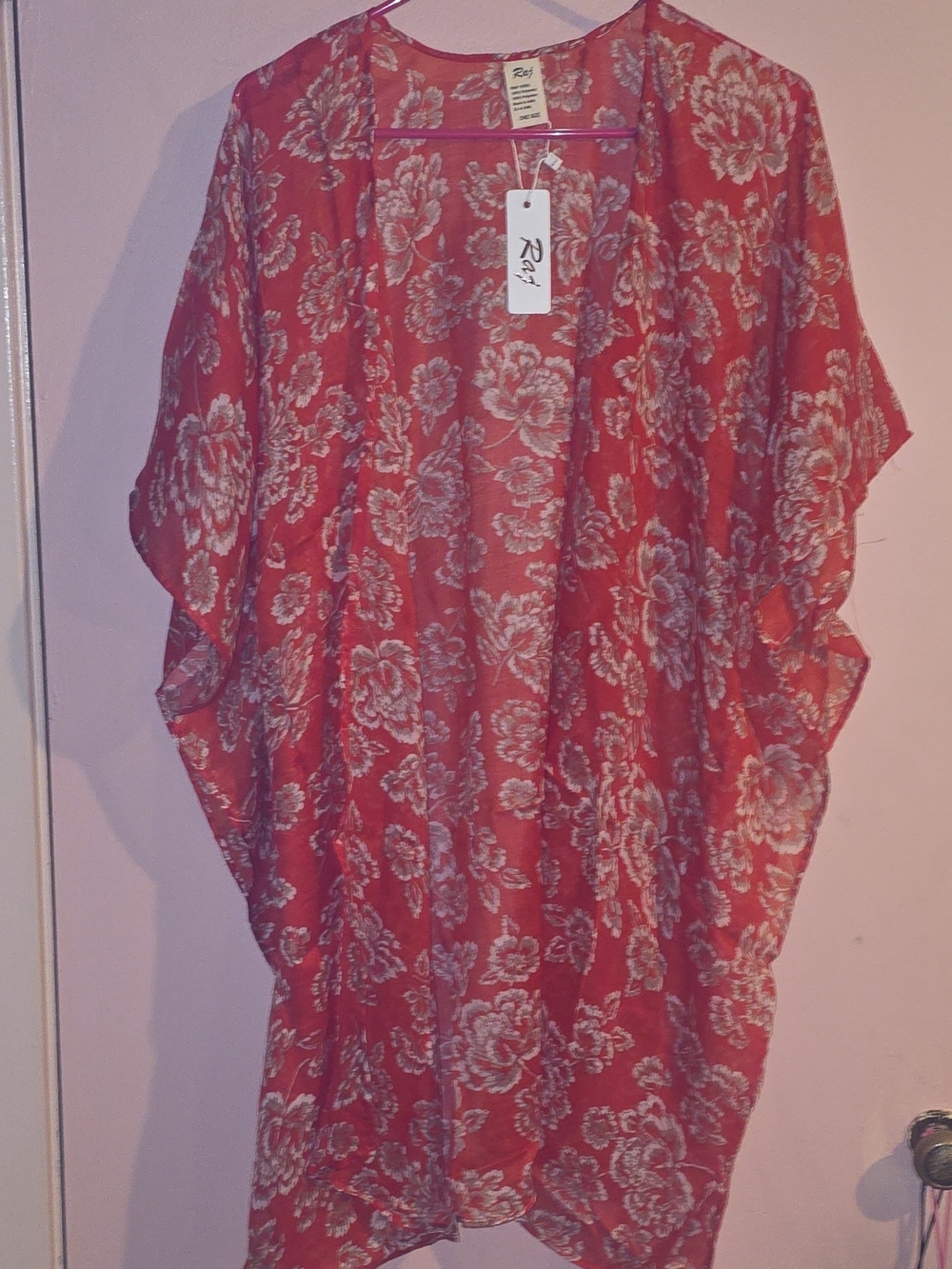 NWT Raj Red/White Floral Sheer Open Front Kimono Cover-Up One Size